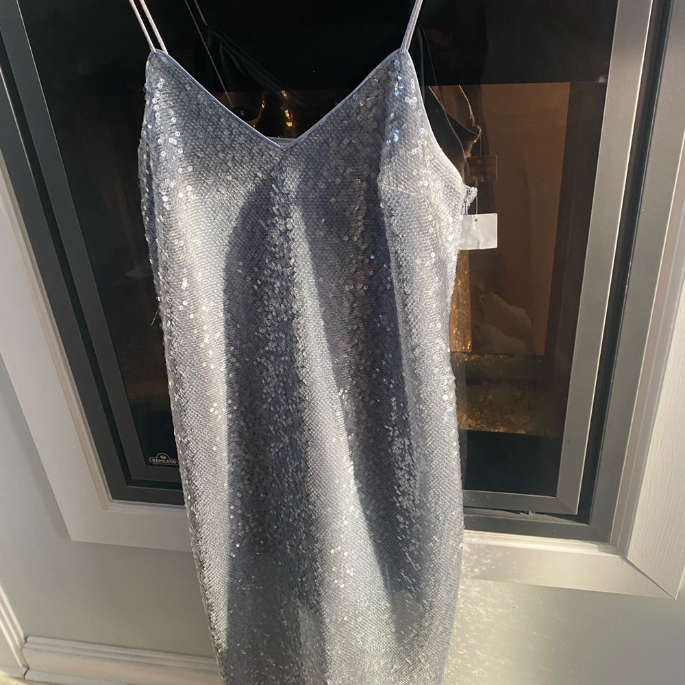 NWT Open Edit Silver Sequin Formal Evening Maxi Coattail Dress - Sz Large
